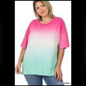 New With Tags Zenana PLUS 2X Mint Green Pink White Ombre Short Sleeve Tee
